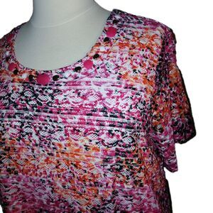 Sag Harbor Womens 3X Embellished Artsy Lace Overlay Print Short Sleeve Pink Top